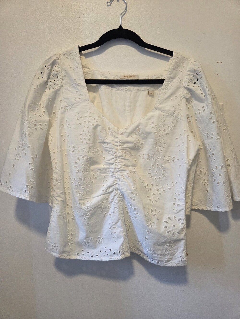 Scotch Andsoda White Eyelet Ruched V-Neck Women's Top